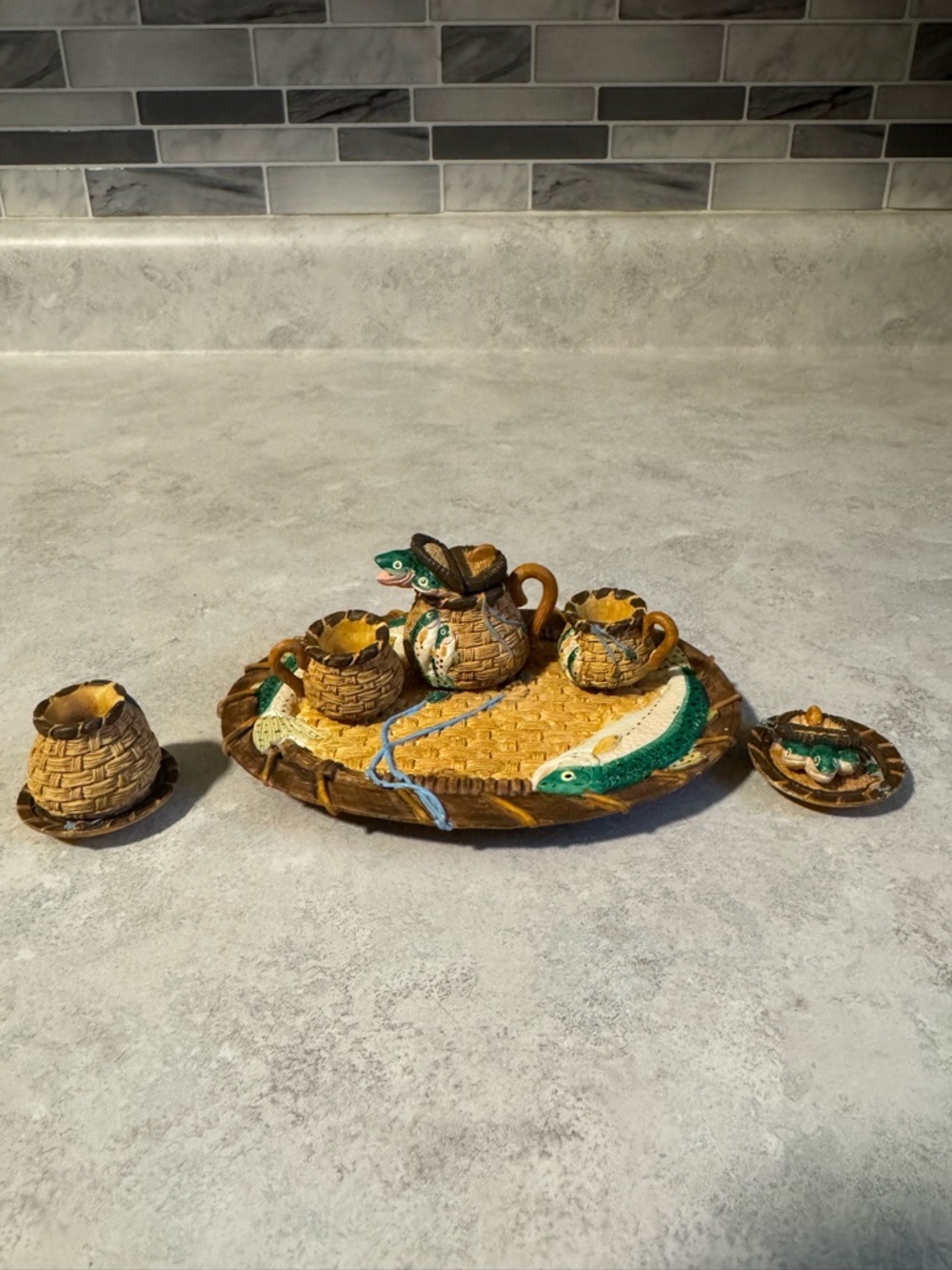 miniature tea set/ gone fishin’ baskets with fish/ Decor/fishing Decor